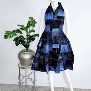 Women Smocked Midi Sundress with Head Scarf - Denim Patchwork